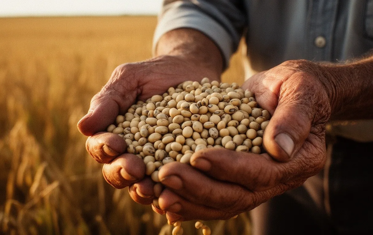 Manos de productor agrícola argentino con granos de soja