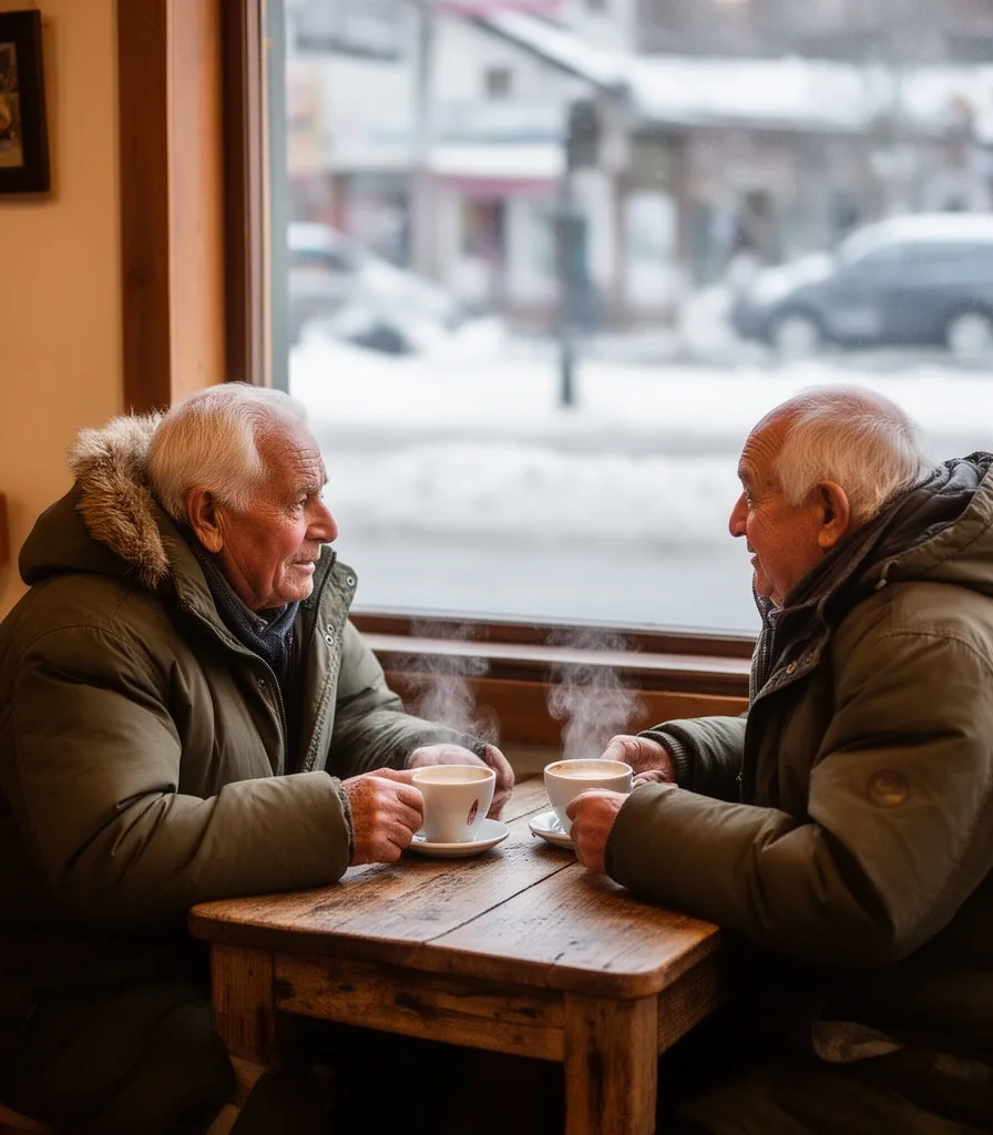 Personas mayores conversando en un café de un pueblo fronterizo patagónico