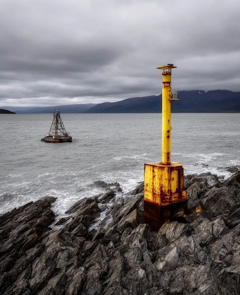 Poste de señalización marítima en costa rocosa patagónica con boya en aguas grises