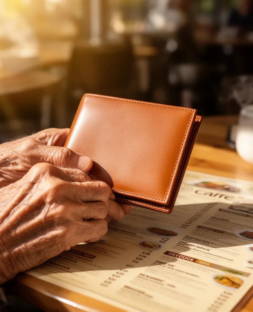 Manos contando billetes de pesos en una mesa de café