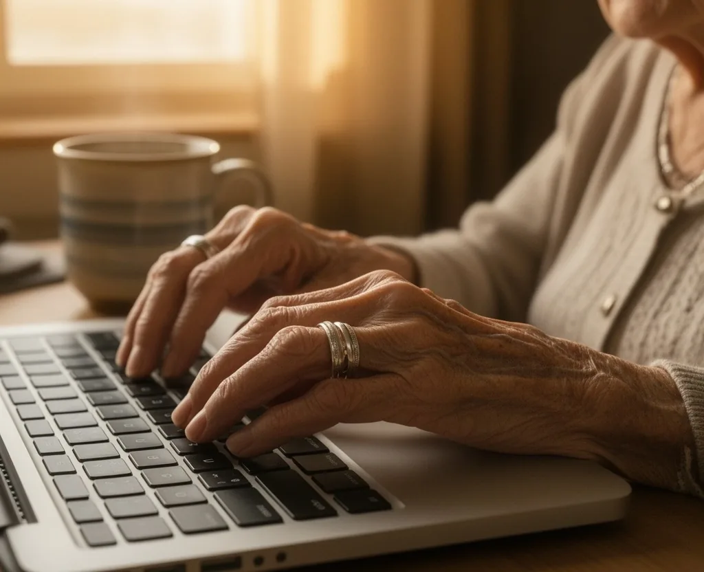 Manos de una persona mayor usando una computadora