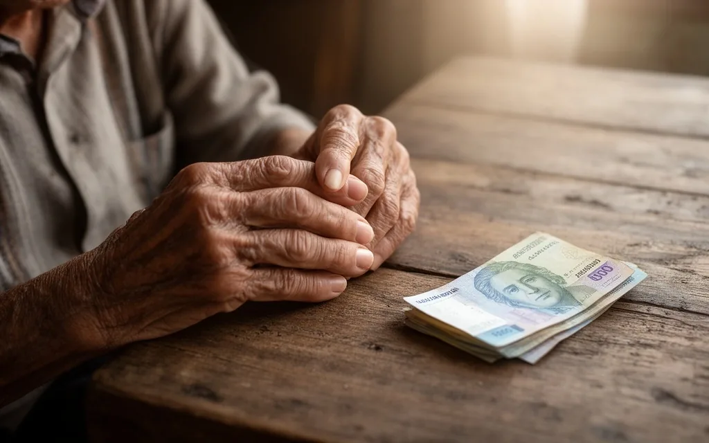 Manos de una persona mayor contando billetes de pesos