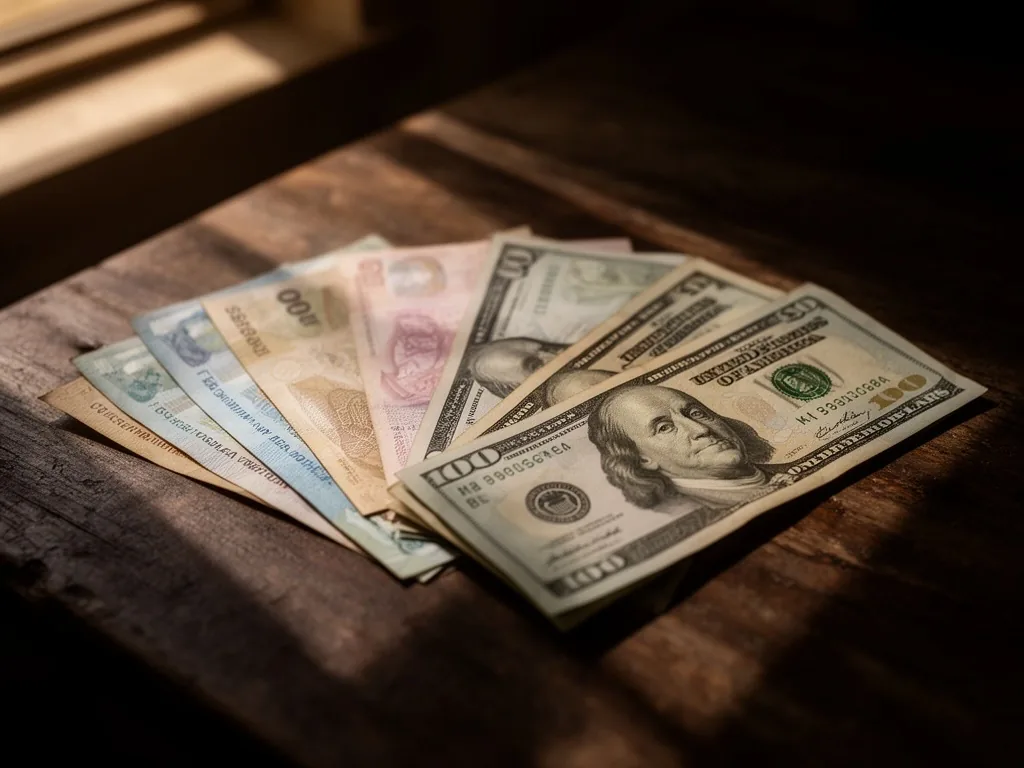 Billetes de pesos y dólares sobre una mesa de madera