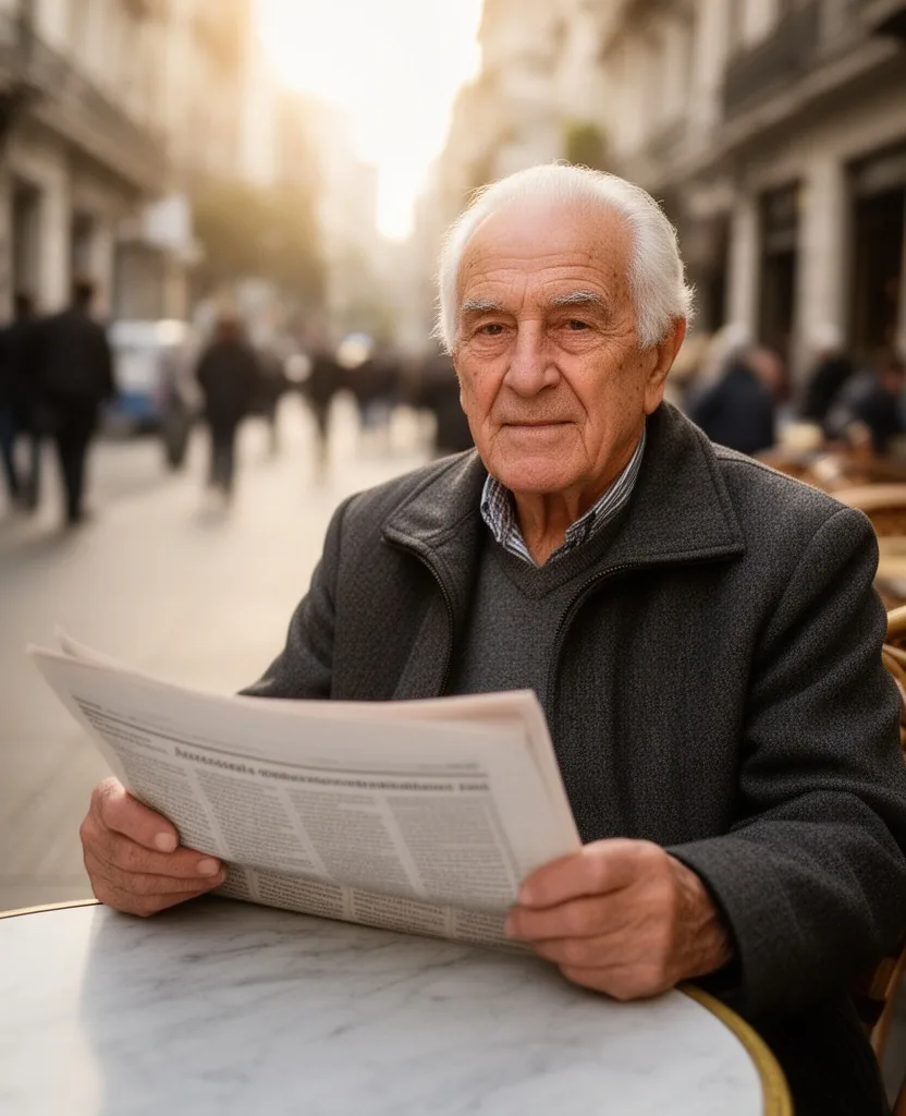 Jubilado leyendo el diario en un café de Buenos Aires