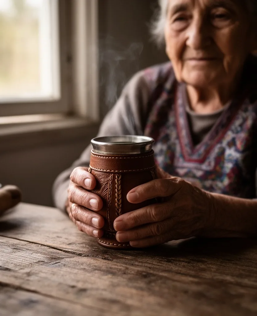 Manos de una mujer mayor sosteniendo mate