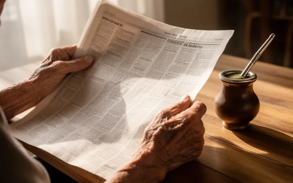 Manos de una persona mayor leyendo un periódico a la luz de la mañana