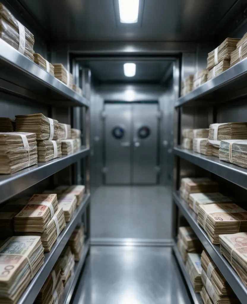 Interior de bóveda bancaria con billetes en moneda extranjera