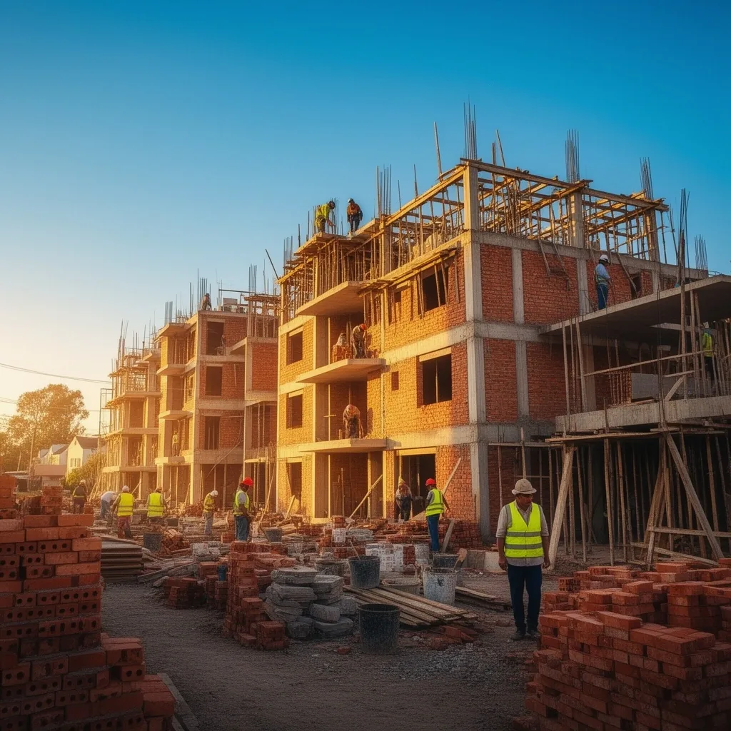 Obra de construcción de viviendas en marcha en un suburbio argentino