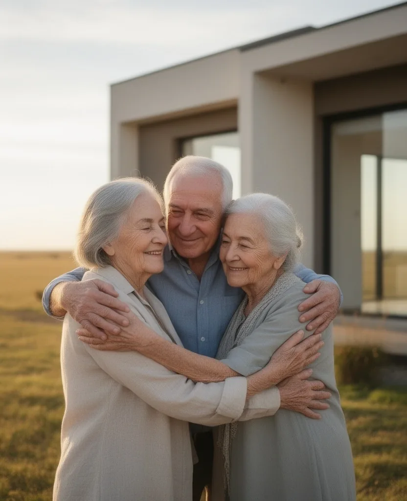 Tres generaciones de una familia argentina en la puerta de su nueva vivienda