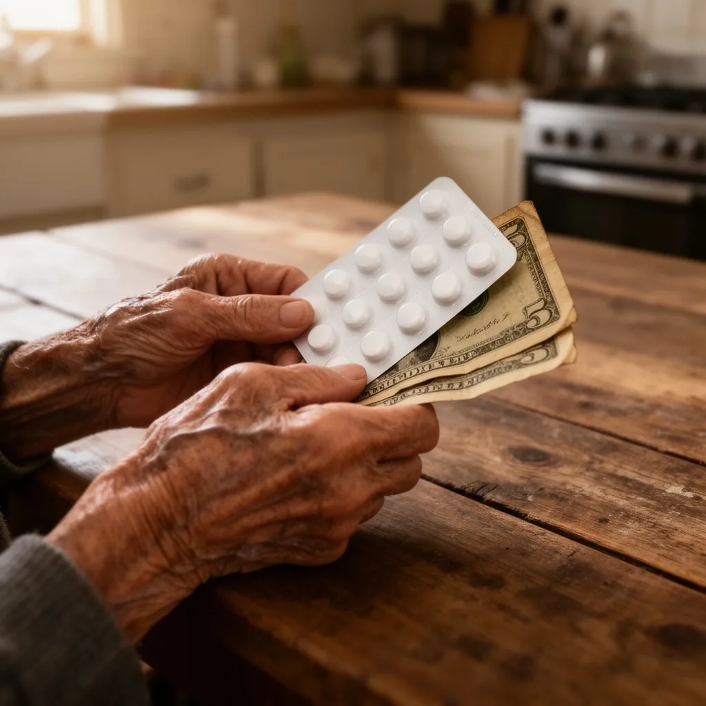 Manos de un jubilado sosteniendo medicamentos y billetes sobre una mesa