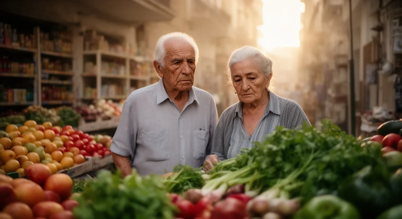 Pareja de jubilados revisando precios en una verdulería de Buenos Aires