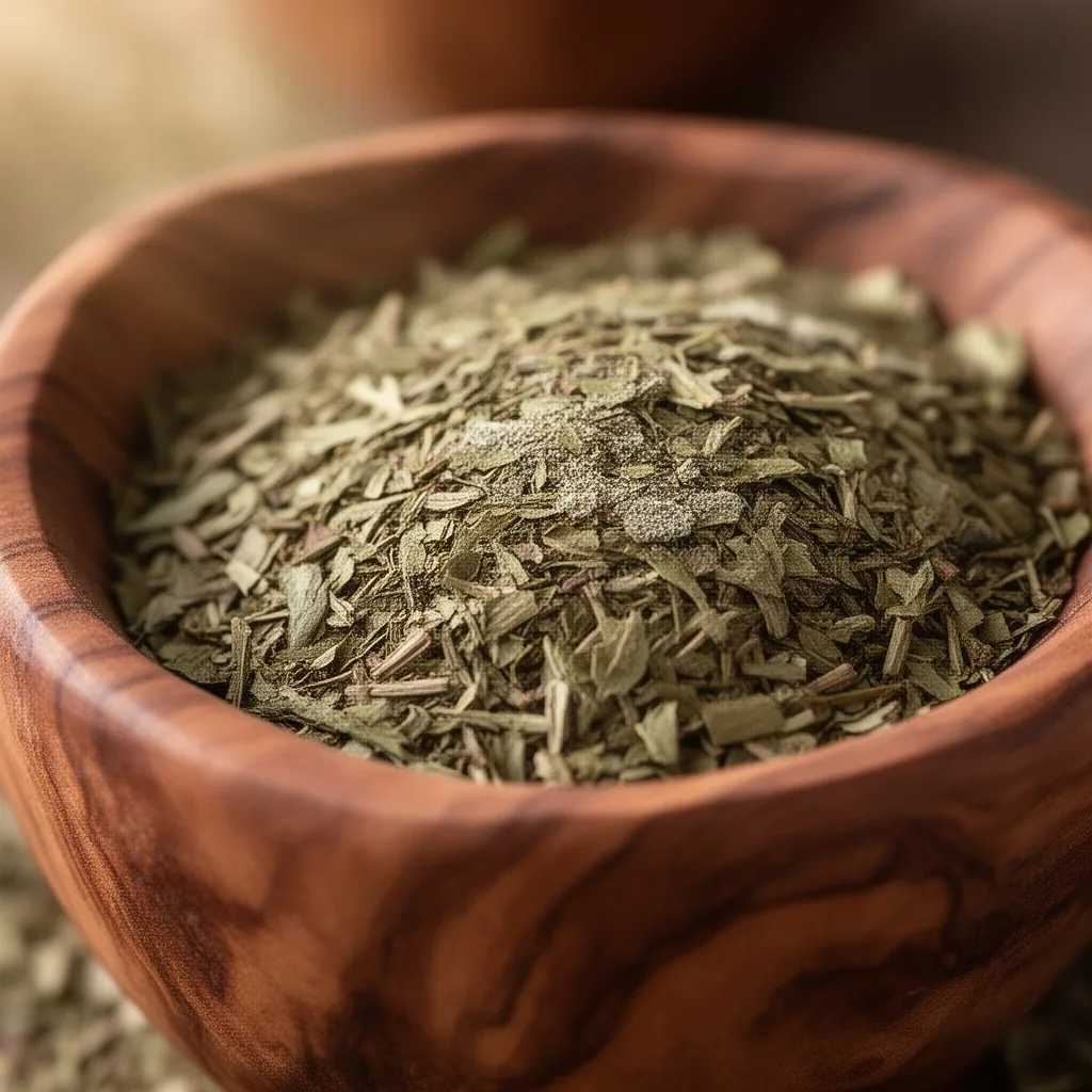 Hojas de yerba mate en un recipiente de madera