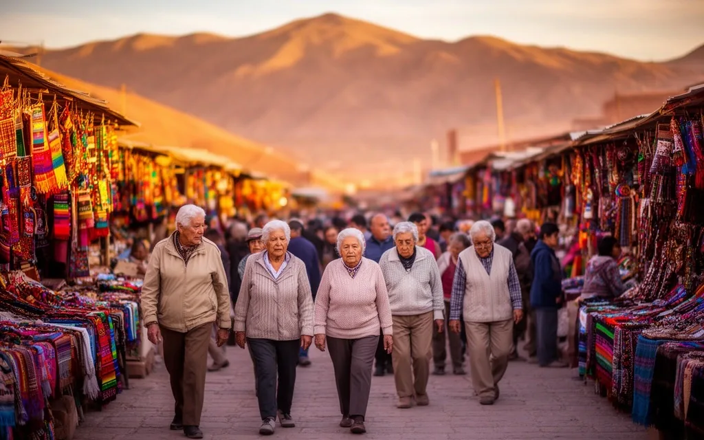 Jubilados caminando por un mercado en Humahuaca