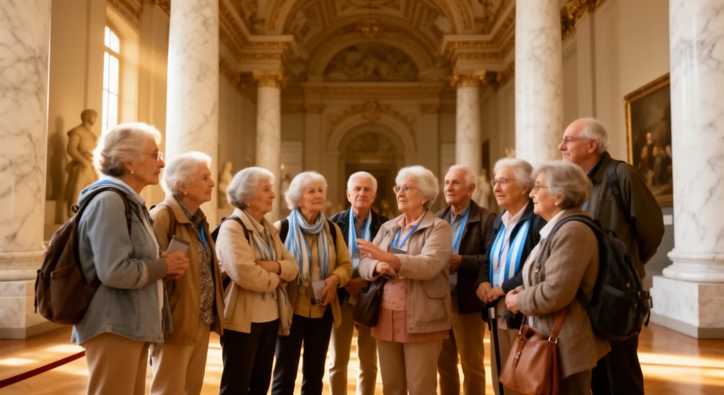 Jubilados participando en una visita guiada por un museo nacional