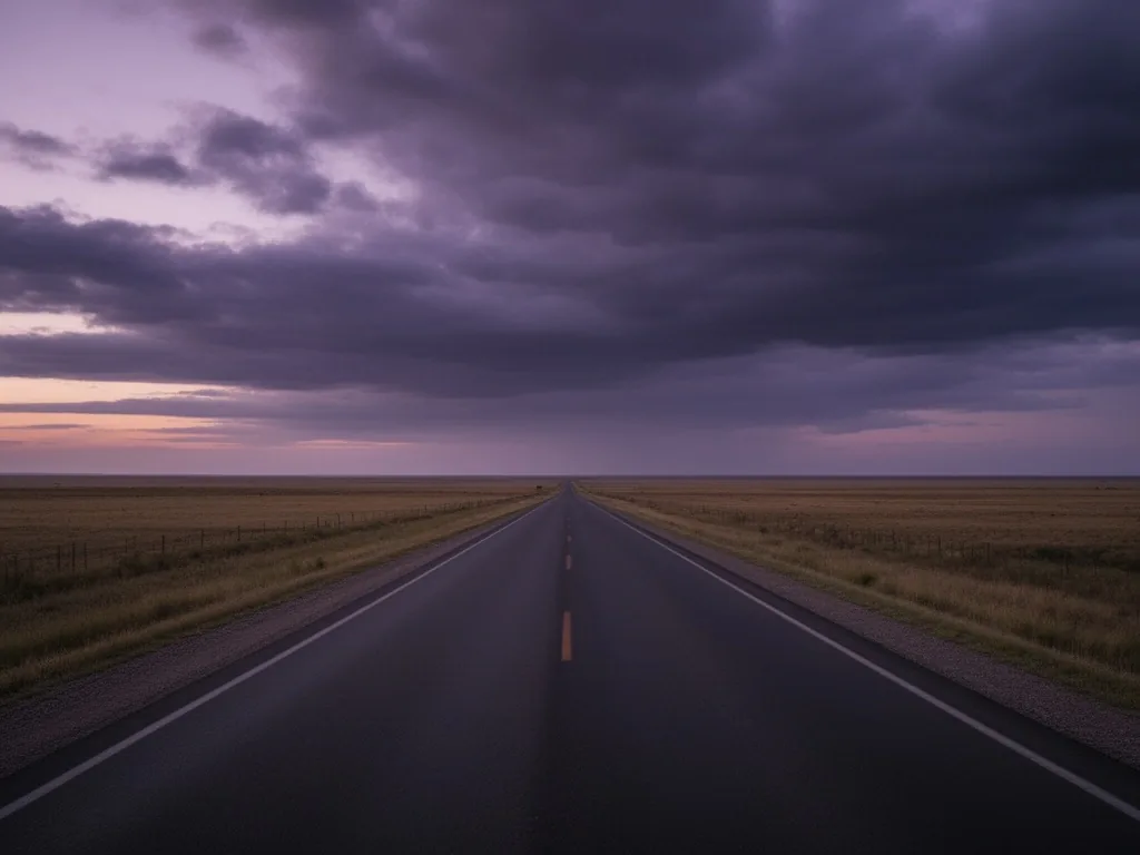 Ruta argentina vacía al atardecer