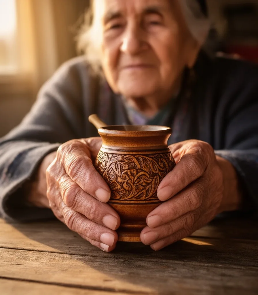 Manos de una jubilada sosteniendo un mate de yerba