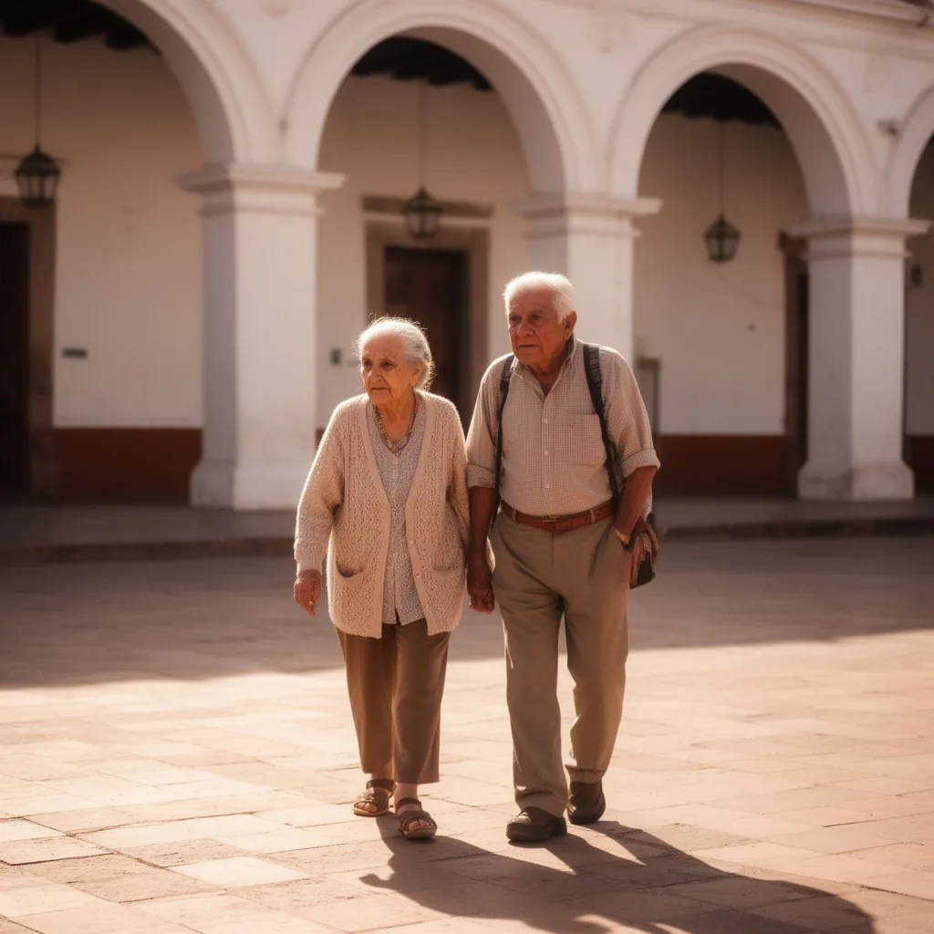 Parejas mayores paseando por la plaza de un pueblo turístico argentino